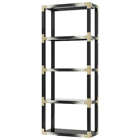 Black Lacquer Cutting Edge Etagere with Faux Horn Accents & Glass Inset Shelves